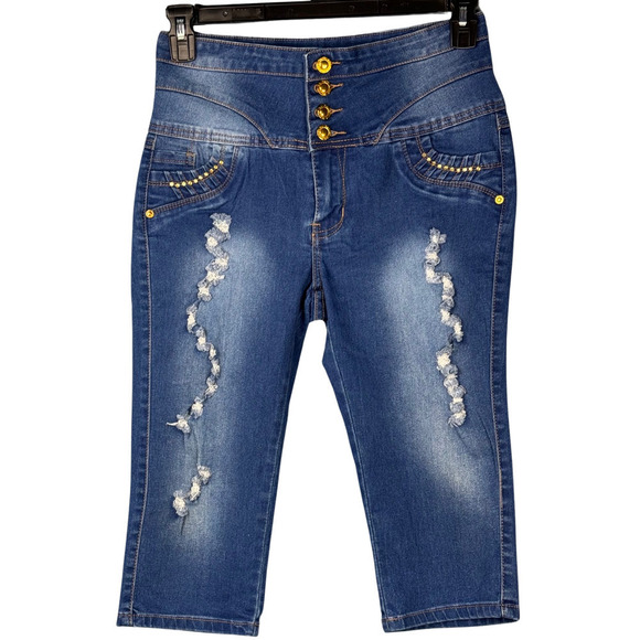 Tush Push Stretch Blue‎ Stonewashed Denim Distressed Studded Junior Capris Sz 11 - Picture 1 of 8